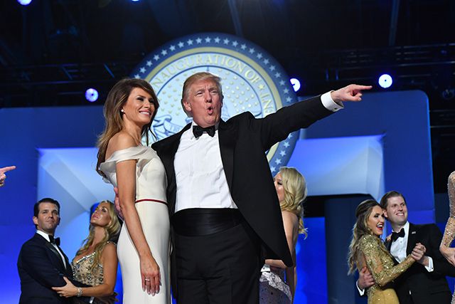 President Donald Trump, with First Lady Melania Trump, at an inaugural ball on January 20, 2017